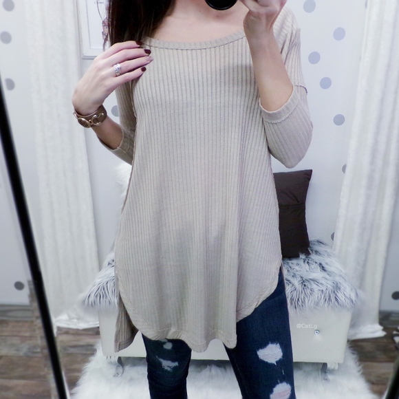 SALE Rib Knit Tunic Top 3/4" Sleeve Top Taupe - Picture 3 of 5